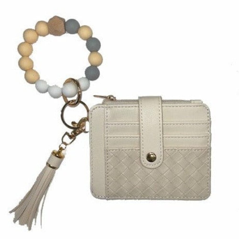Beige Beaded Keychain Bracelet & Woven Wallet Combo